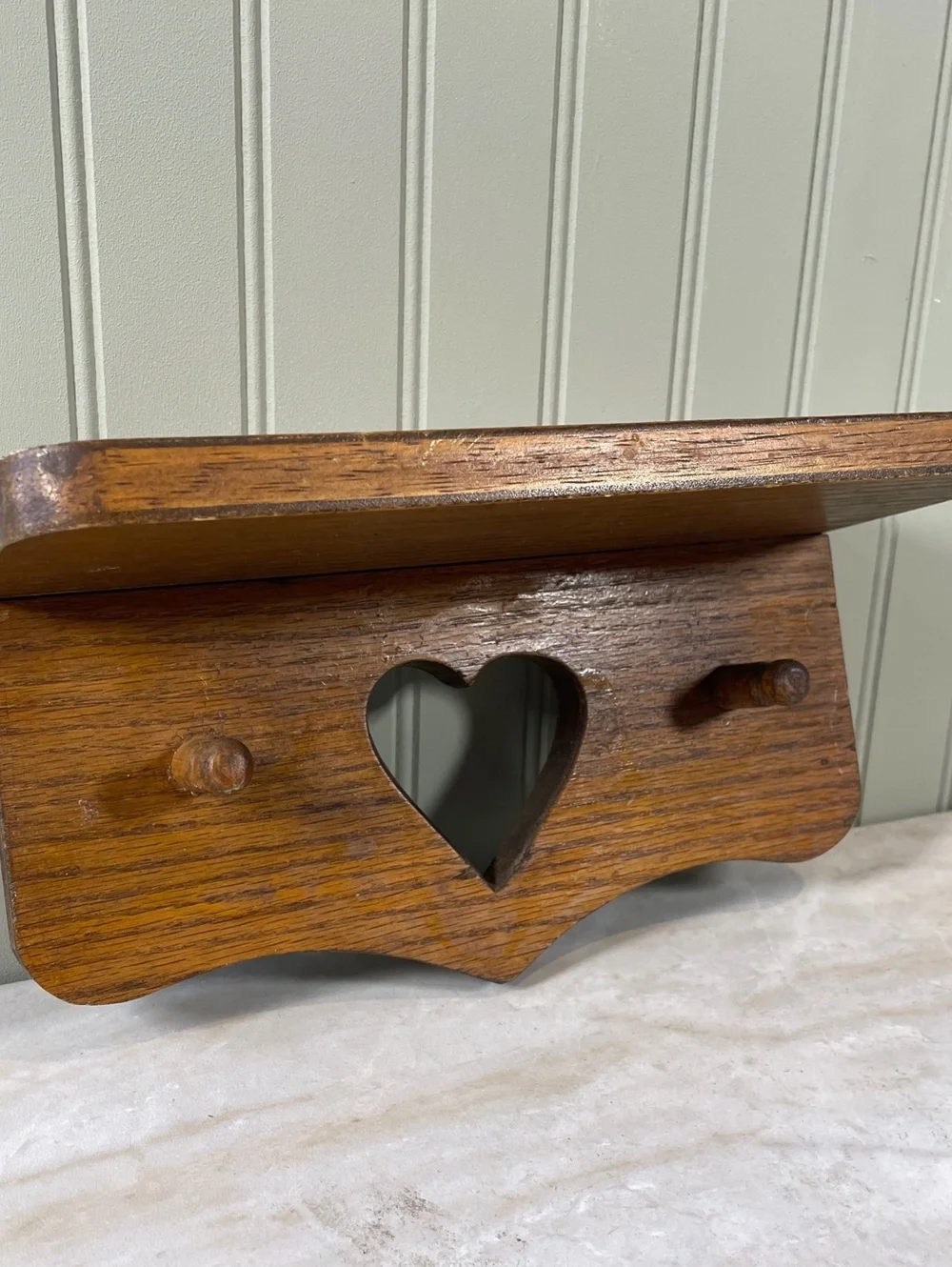 Vintage Cottage Heart Wood Wall Shelf with Pegs